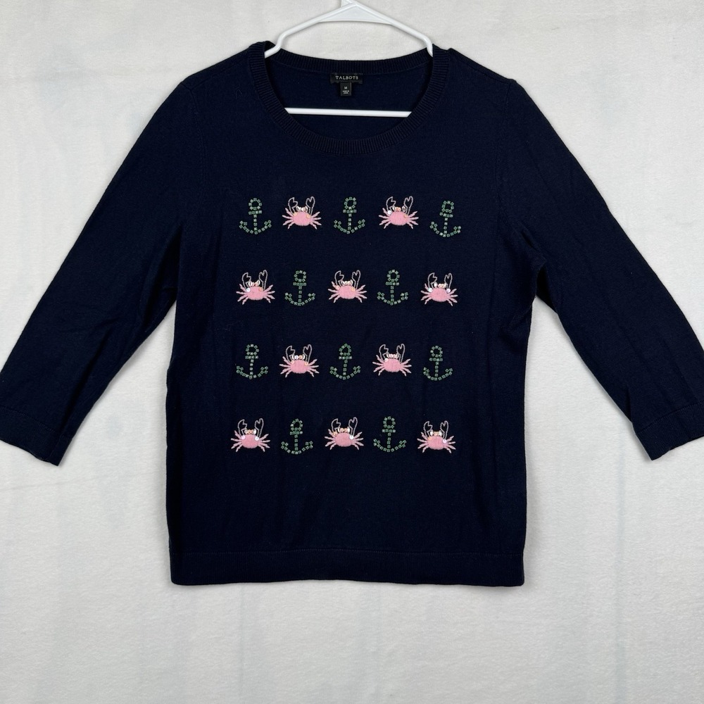 Talbots Womens Size Medium Crab Anchor Nautical Sweater Blouse Shirt‎ Top Navy